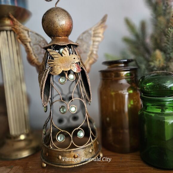 Vtg Metal Filigree Angel Garden Statue 15" Bronze Color Green Glass Taper Decor - Picture 2 of 12